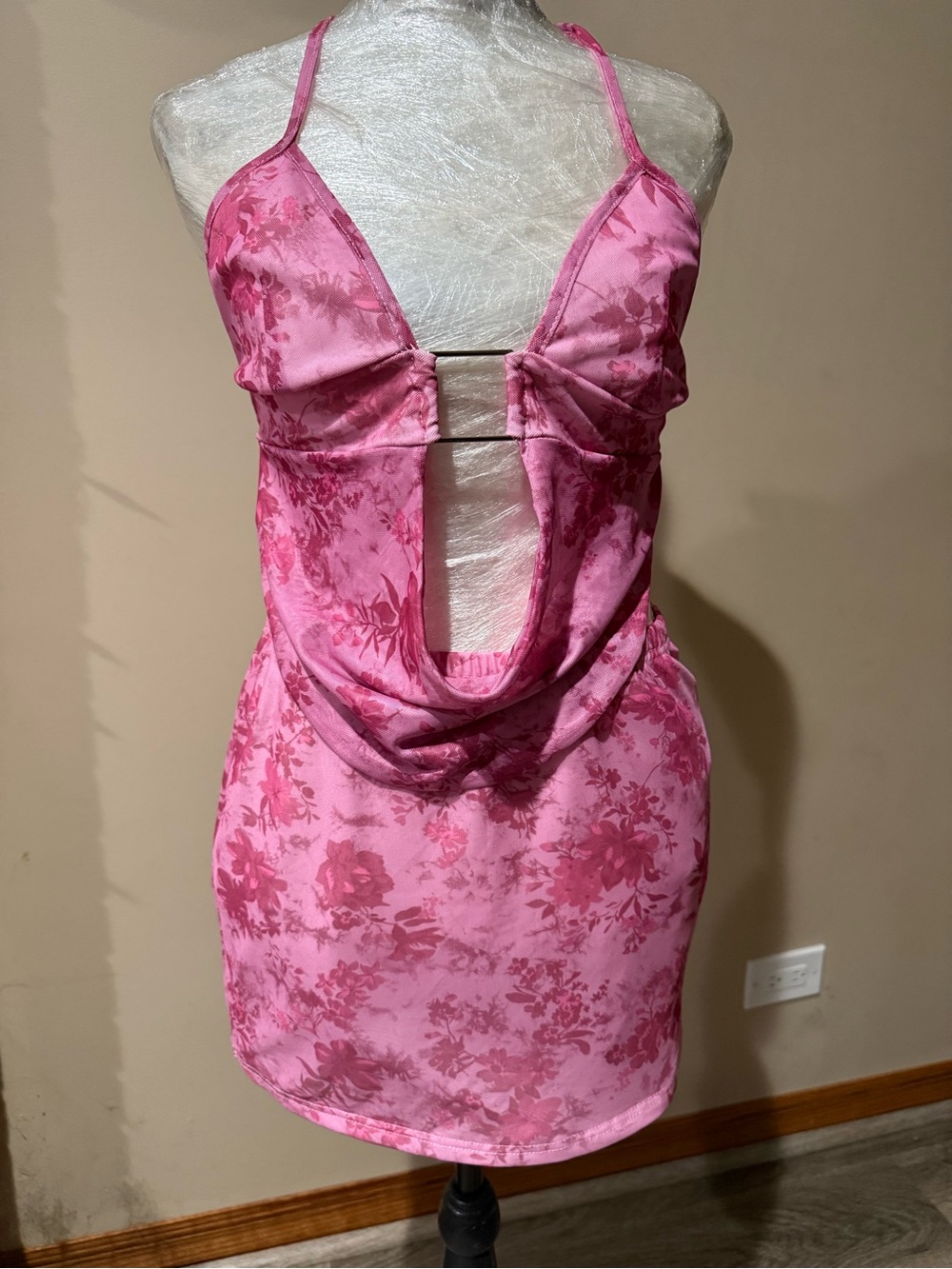 SHEIN Pink Floral Satin Drape Front Slip shirt with mini skirt
